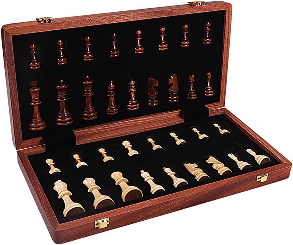 OUSIKA Tablero de ajedrez portátil plegable de madera con piezas de ajedrez de altura King de 4 pulgadas, tablero de ajedrez de madera maciza de
