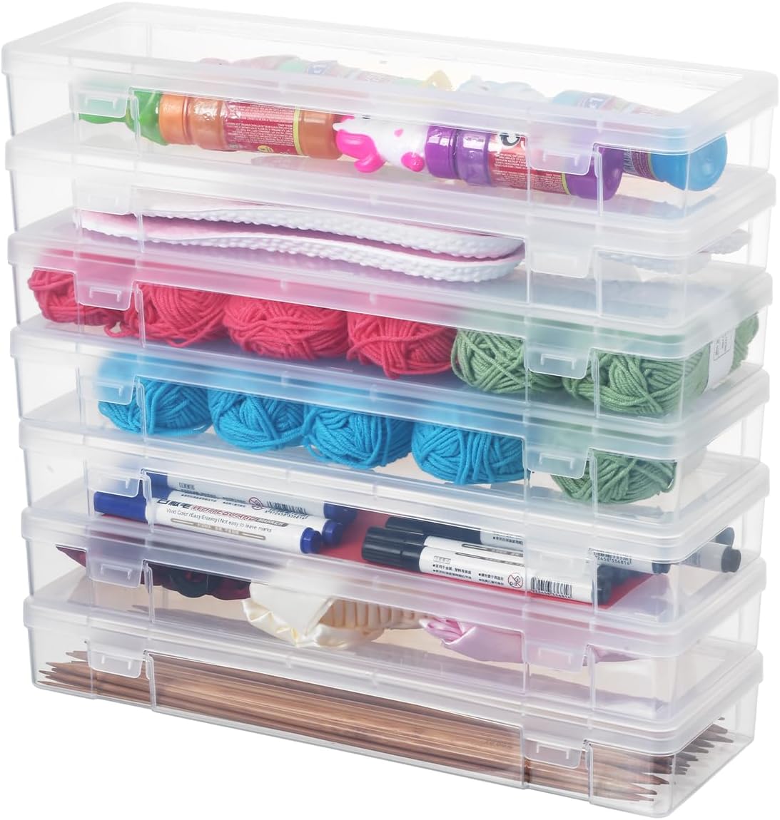 novelinks Contenedores apilables de plástico transparente con tapa de pestillo, organizador de suministros de manualidades para caja de lápices,