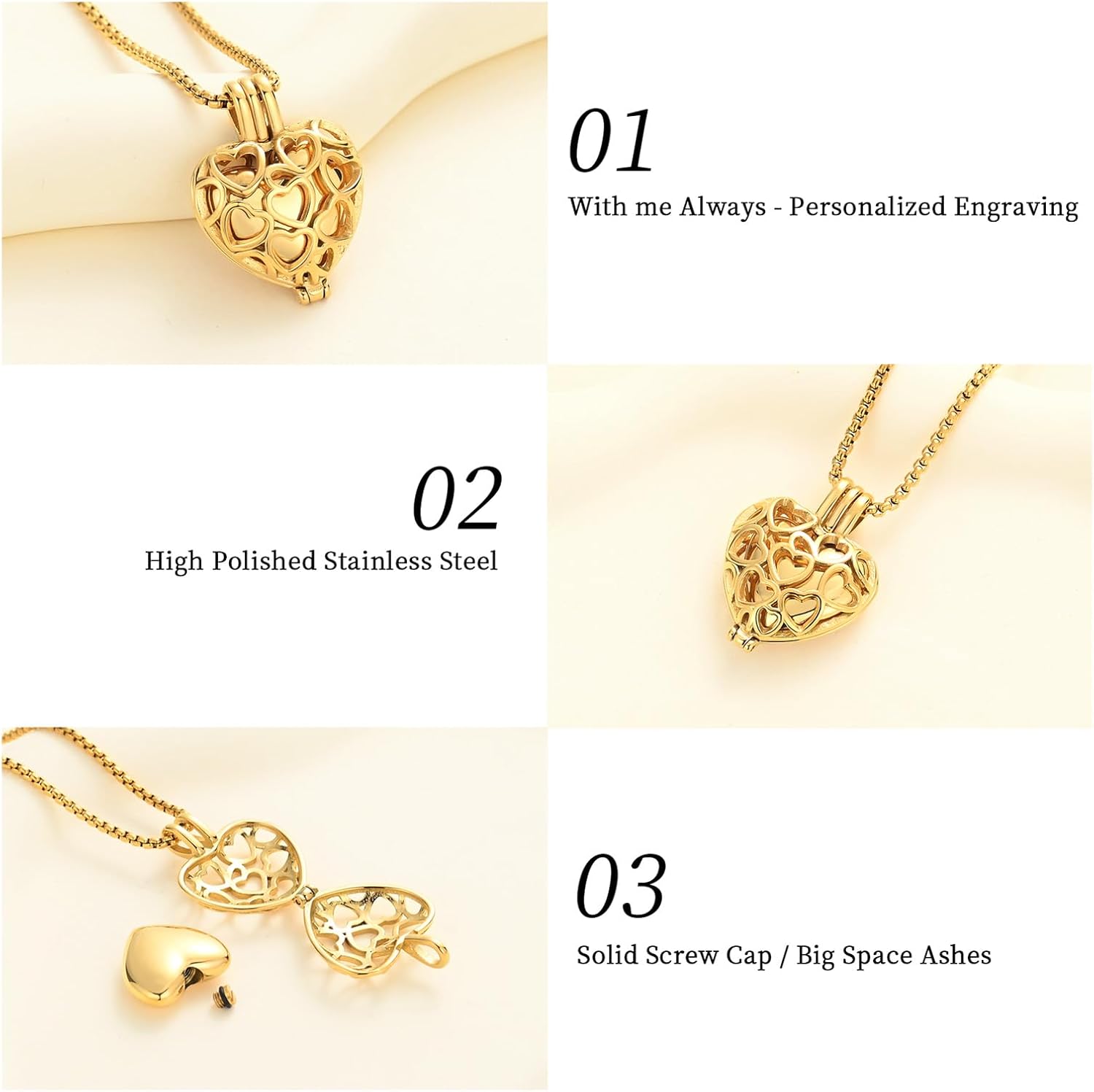Collar con medallón de cremación conmemorativa con corazón eterno con mini urna para cenizas de seres queridos