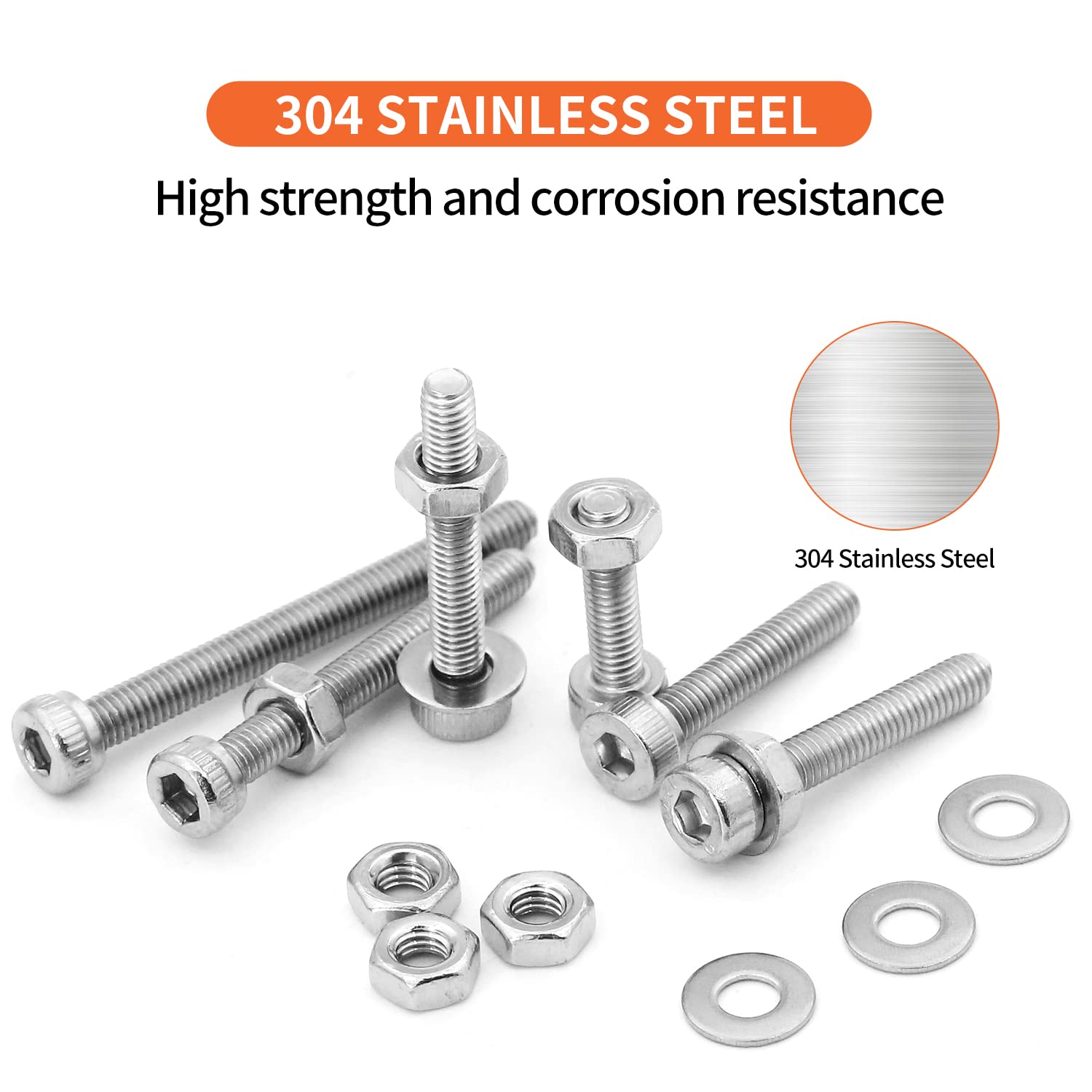 Juego de 1310 tornillos de cabeza hexagonal M3 x 4568101214161820251.181 in, tornillos y tuercas planas, arandelas planas, acero inoxidable 304,