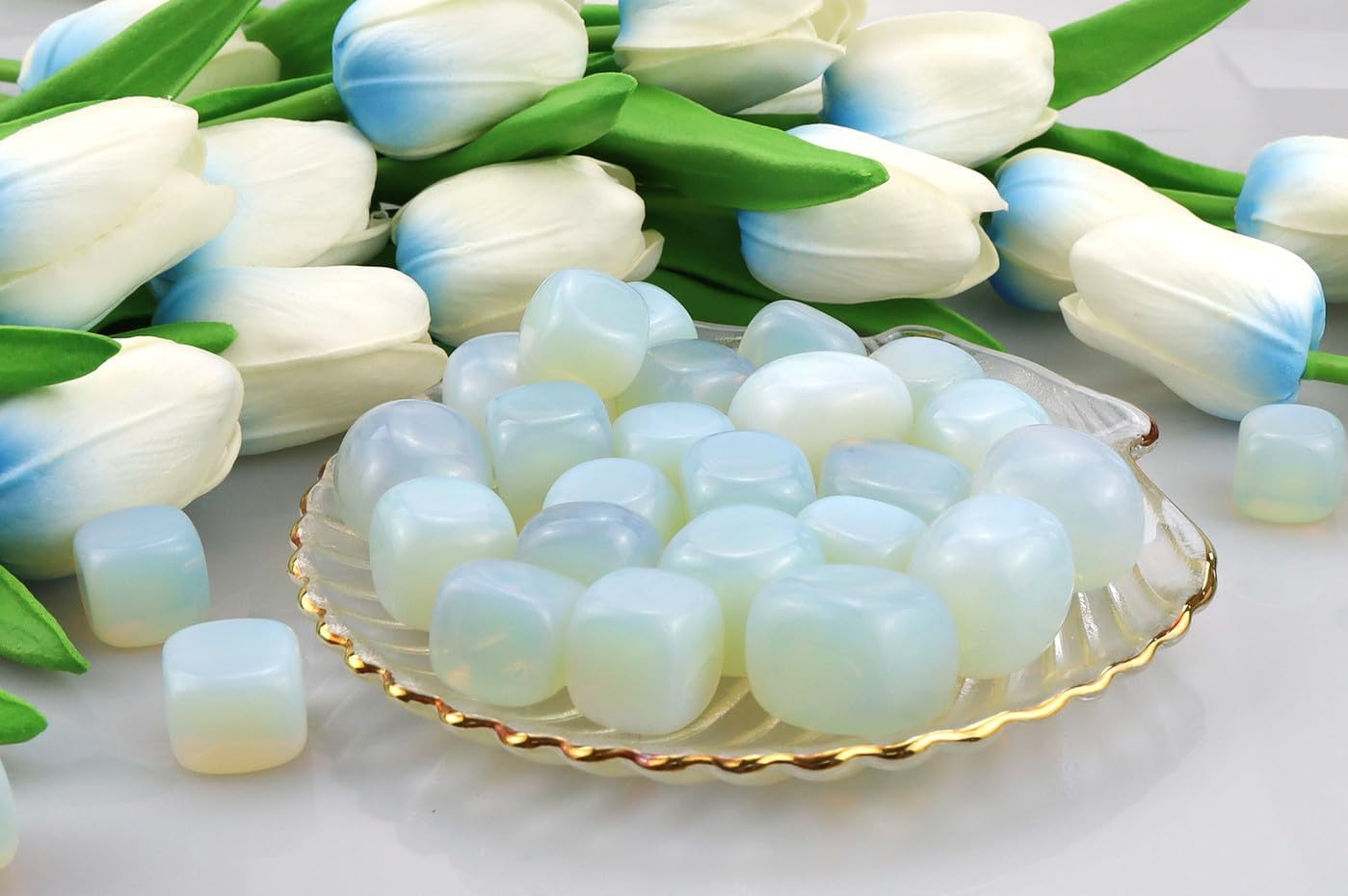 QINJIEJIE Piedras pulidas de ópalo, cristales caídos, piedras preciosas a granel, cristal curativo, juego de rocas de opalita blanca, paisaje