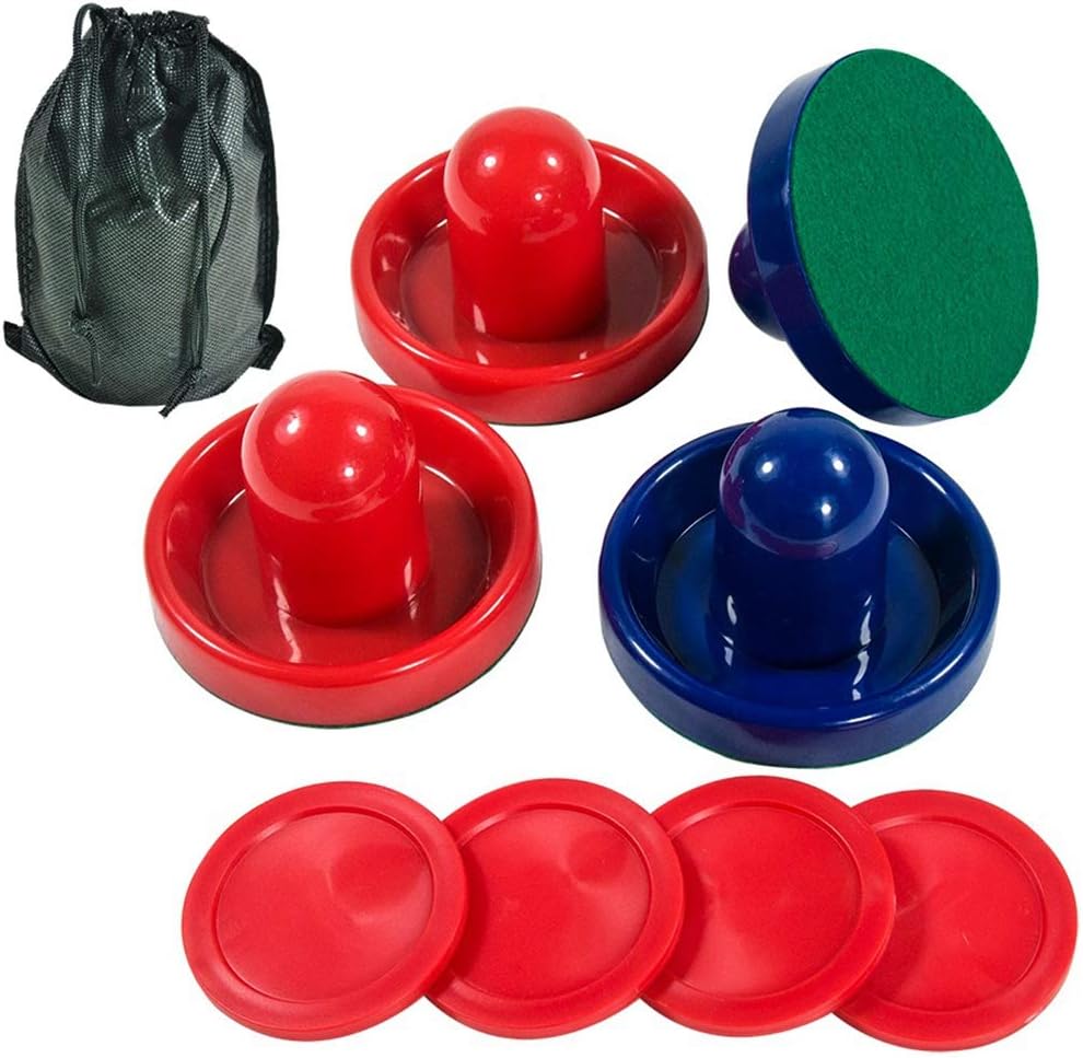 Empujadores de hockey de aire de dos colores y discos de hockey de aire rojo, asas de portería, remos de repuesto para mesas de juego (4 Striker, 4