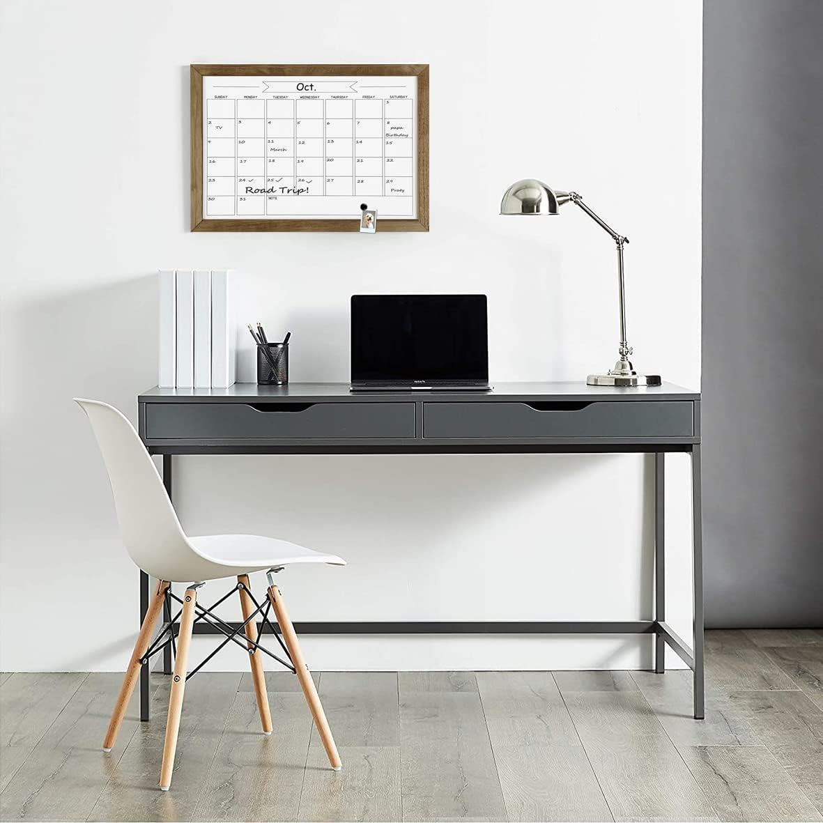 Pizarra de calendario mensual de borrado en seco, pizarra blanca magnética para pared, oficina, escuela, hogar, marco de madera para colgar lista de