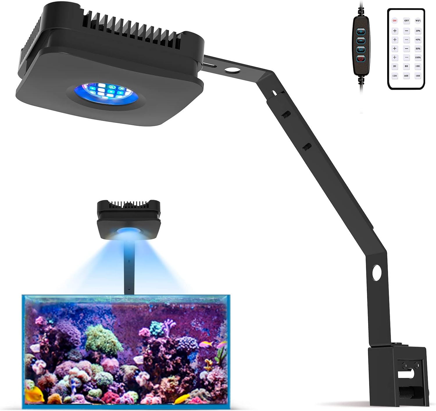 Lominie Luz LED para acuario, luz de espectro completo, luz plantada de agua salada, cuello de cisne ajustable para tanques de peces de coral de