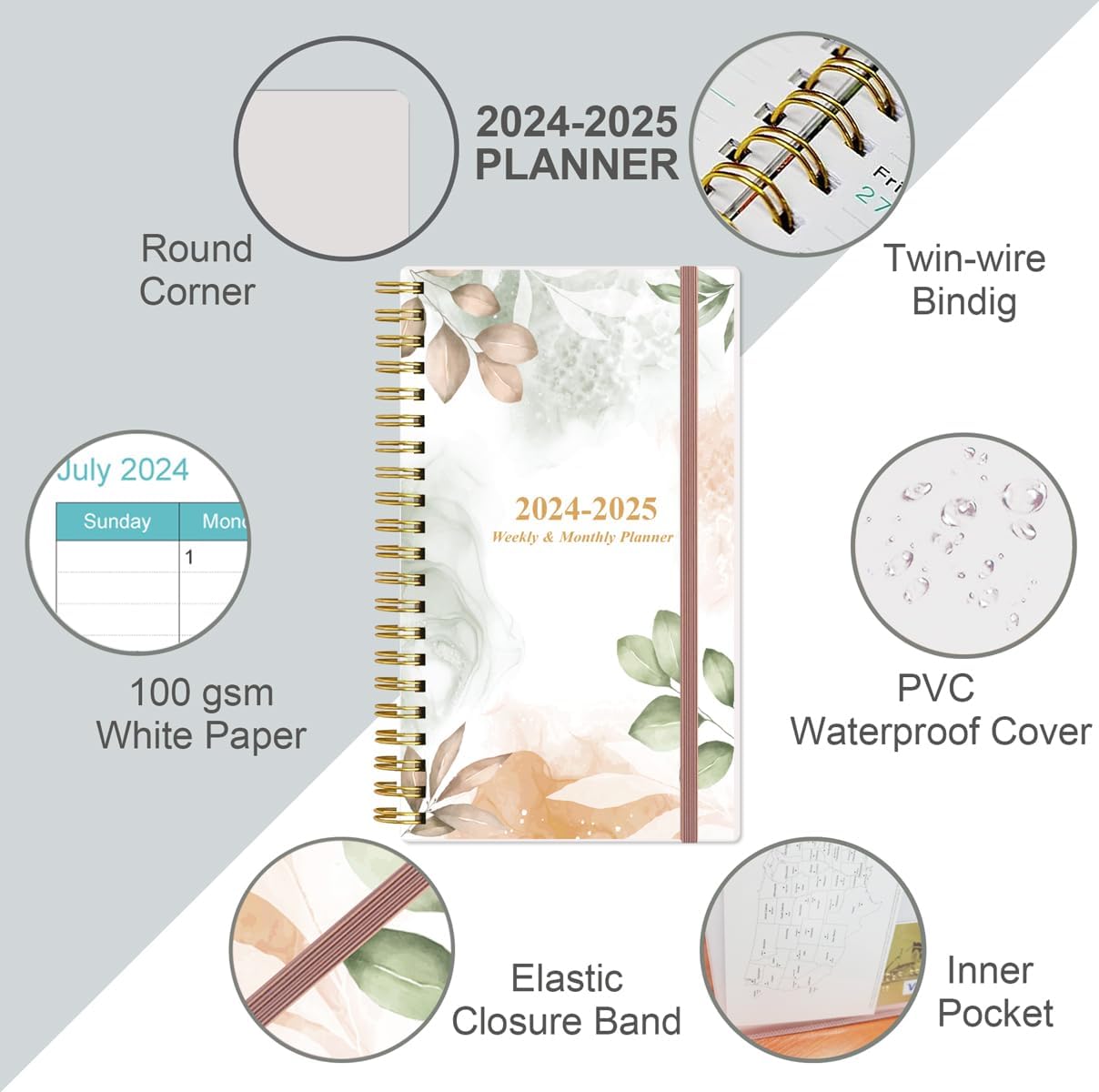 Agenda de bolsillocalendario 2024-2025  Agenda semanal y mensual A6, julio 2024 a junio 2025, 3.75 x 6.75 pulgadas con cubierta flexible, pestañas,