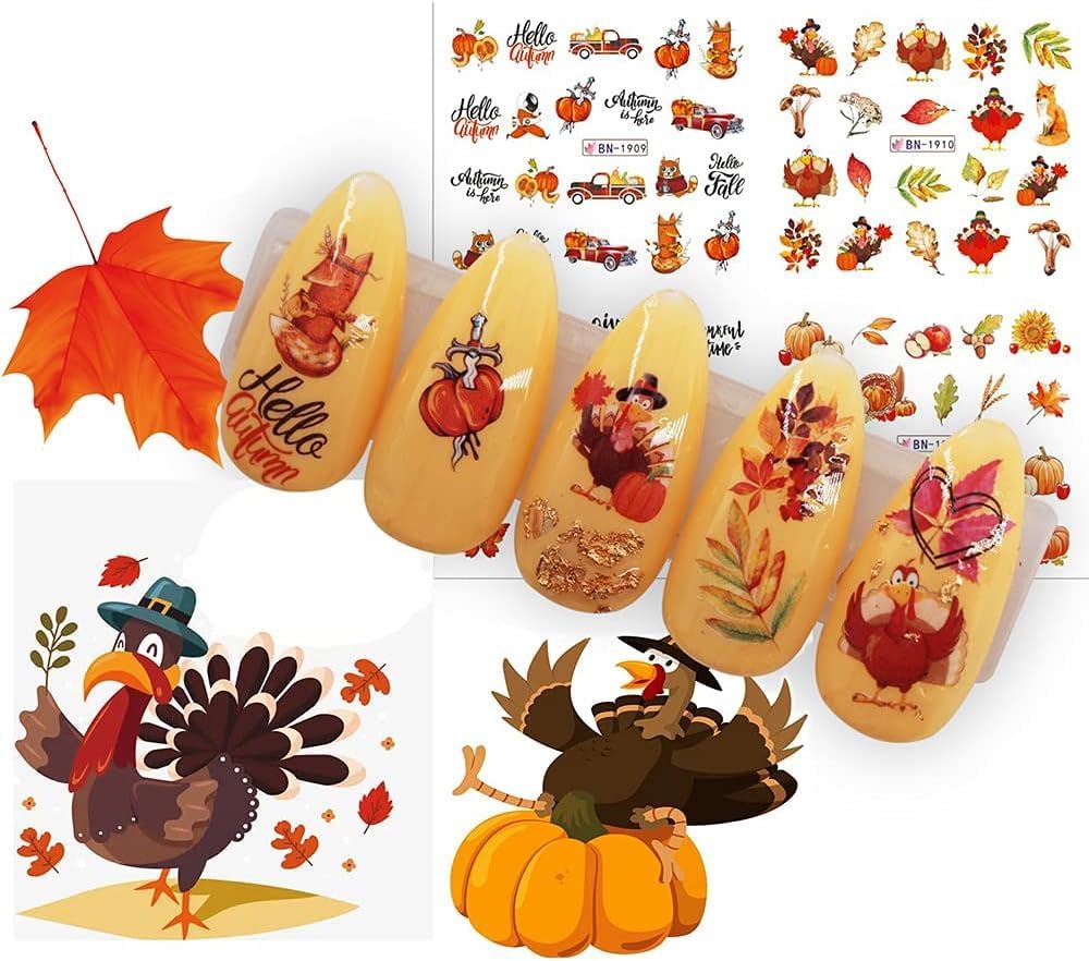 24 hojas de calcomanías de uñas de otoño, Acción de Gracias, calcomanías de arte de uñas de pavo, hoja de arce, calabaza, diseño de uñas,