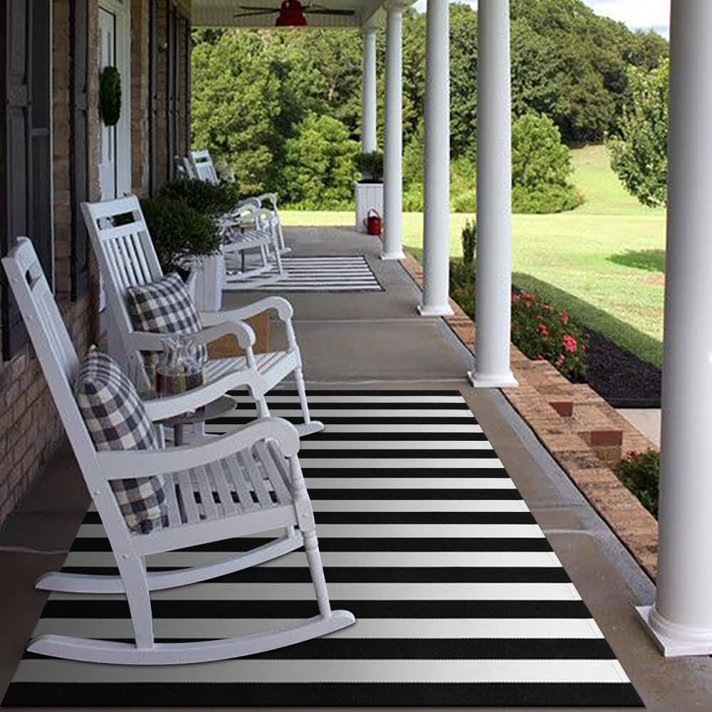 KIMODE – Alfombra de algodón tejida con diseño a rayas en color negro, para puerta de entrada, cocina, decoración de estilo rústico