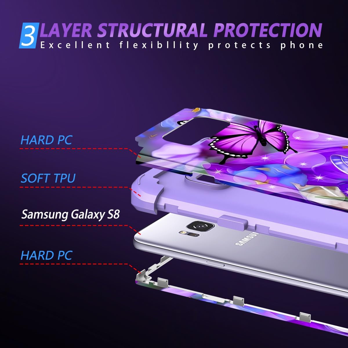 Miqala Funda para Galaxy S8, diseño de mármol de tres capas, resistente, a prueba de golpes, de plástico duro, funda protectora de goma de silicona