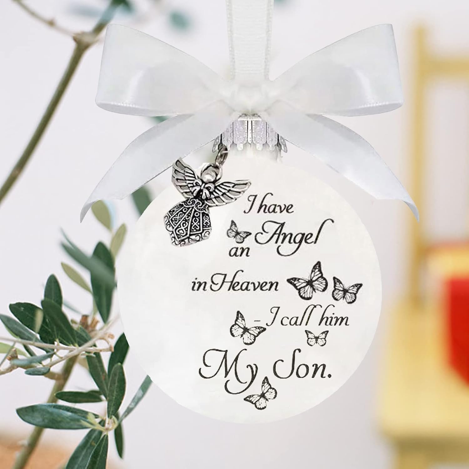 Adornos conmemorativos de Navidad, bola de plumas “Tengo un ángel en el cielo” con colgante de ángel pequeño, adorno de bola de Navidad, para mamá,