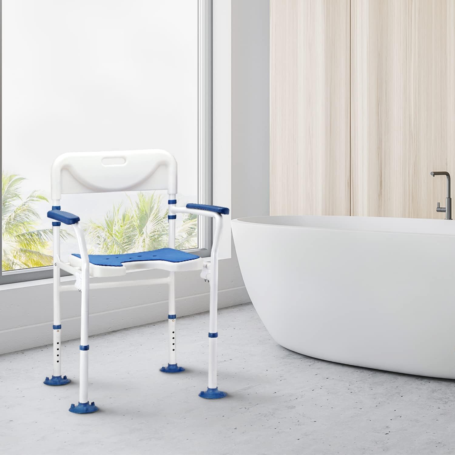 GreenChief Silla de ducha con brazos y respaldo de 350 libras, silla de baño plegable ajustable, asiento de ducha recortado para lavado privado,
