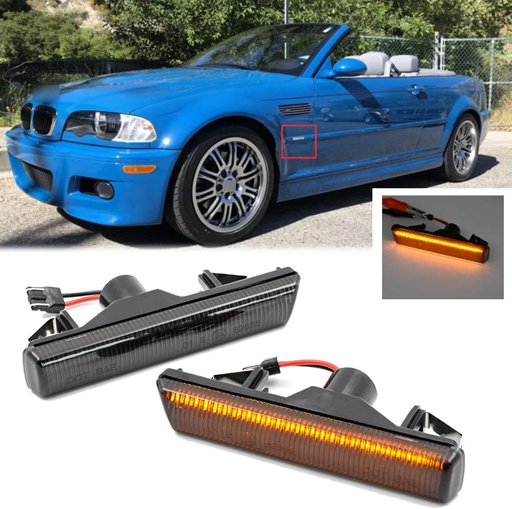 2 luces LED de marcador lateral ámbar para BMW Serie 3 E46 M3 CoupeConvertible, lente ahumada, reemplazo de lámpara de marcador lateral OEM, 2