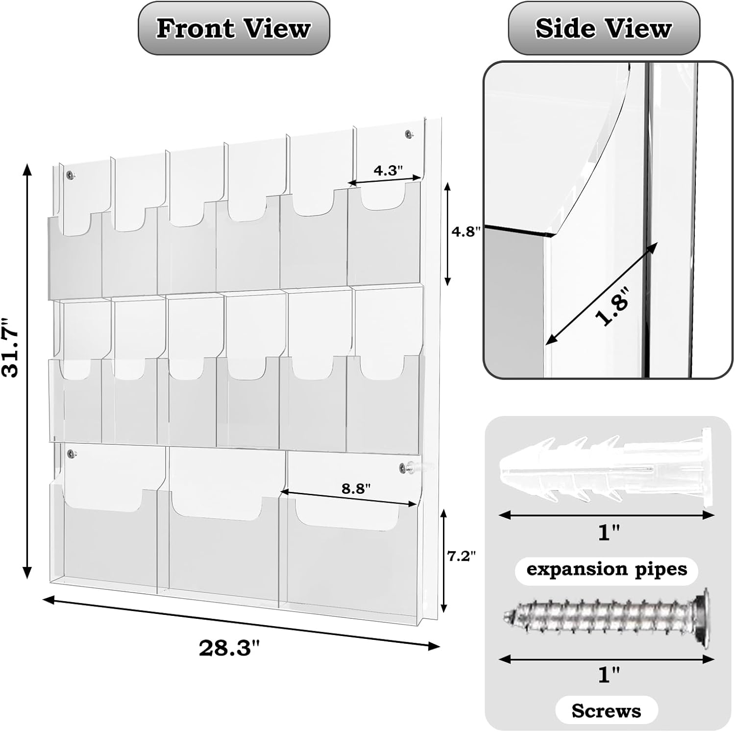 Soporte acrílico para folletos, 3 revistas y 12 soportes para folletos, soporte de pared transparente para folletos, soporte de pared para folletos,