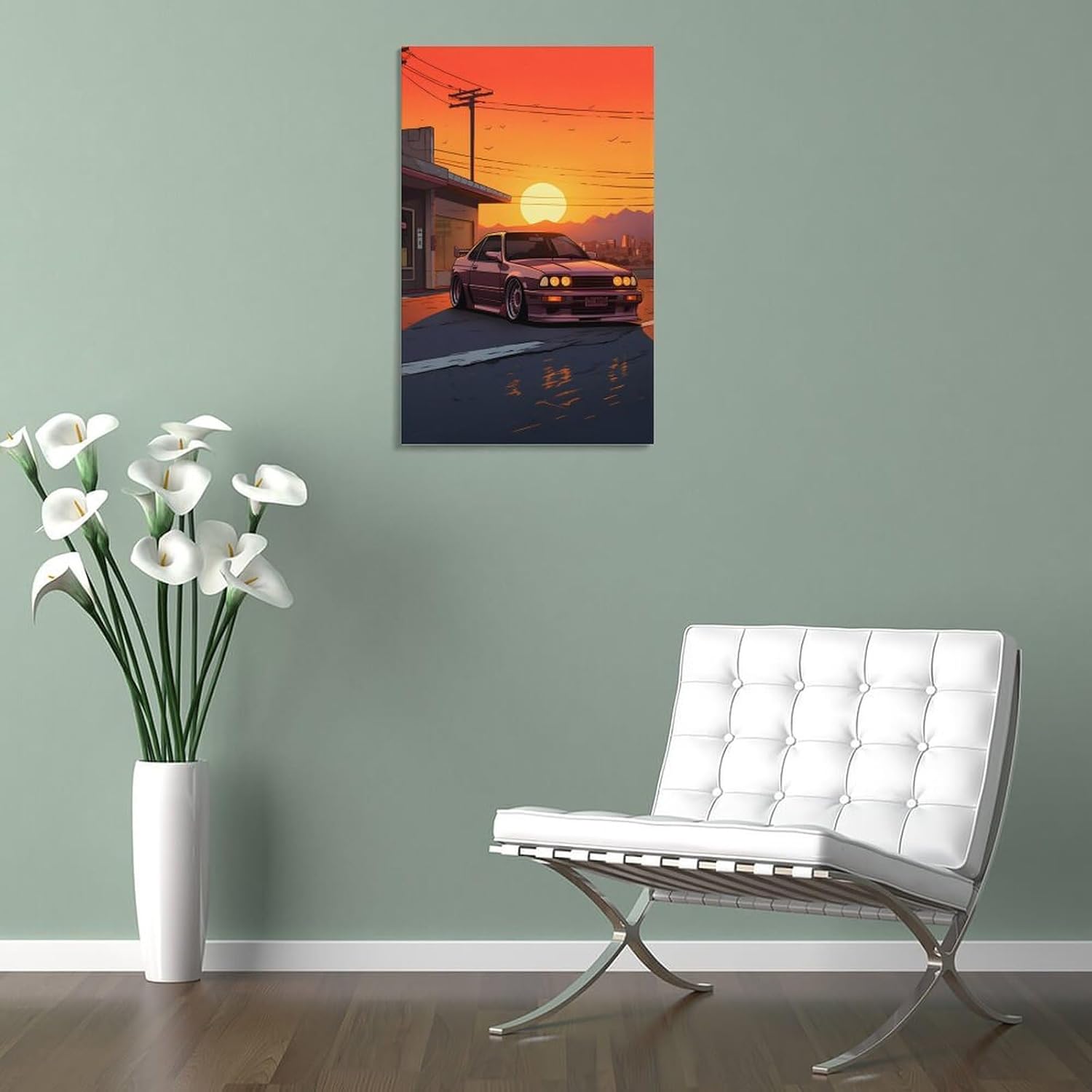 Arte de pared Puesta de sol y JDM – Póster japonés de coche deportivo para decoración de interiores, pintura de pared, póster de arte de pared,