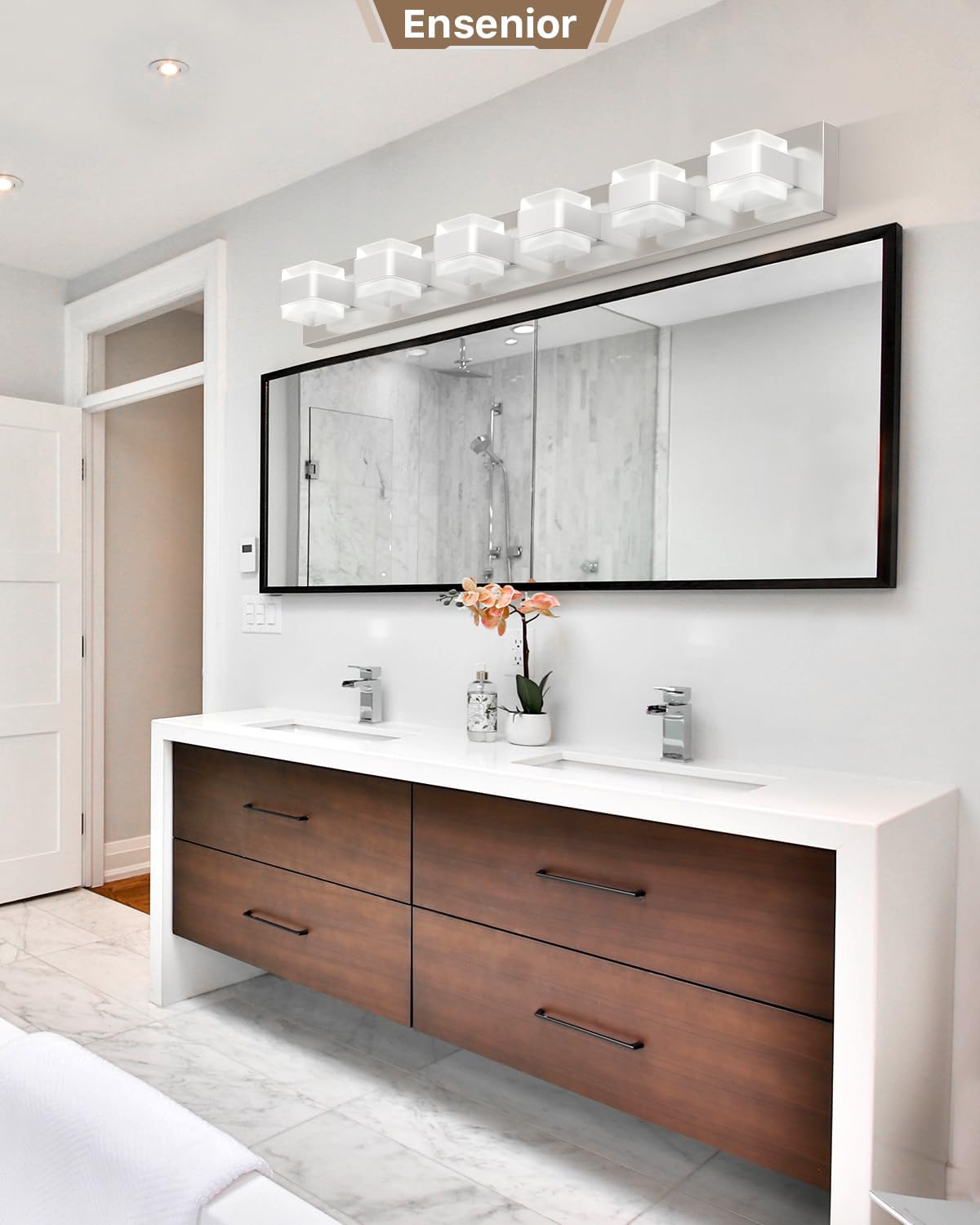 Ensenior Lámparas de baño, luces LED regulables sobre el espejo, CRI 90, luz diurna de 5000 K, acero inoxidable acrílico, 6 luces para tocador