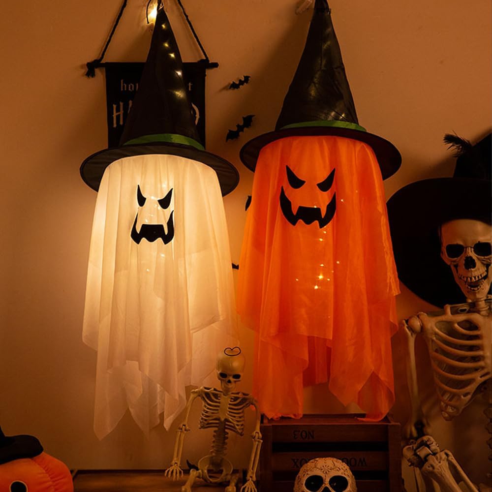 Decoraciones de Halloween para decoración al aire libre, 2 piezas de sombrero de bruja fantasma iluminado brillante de 38 pulgadas de largo,