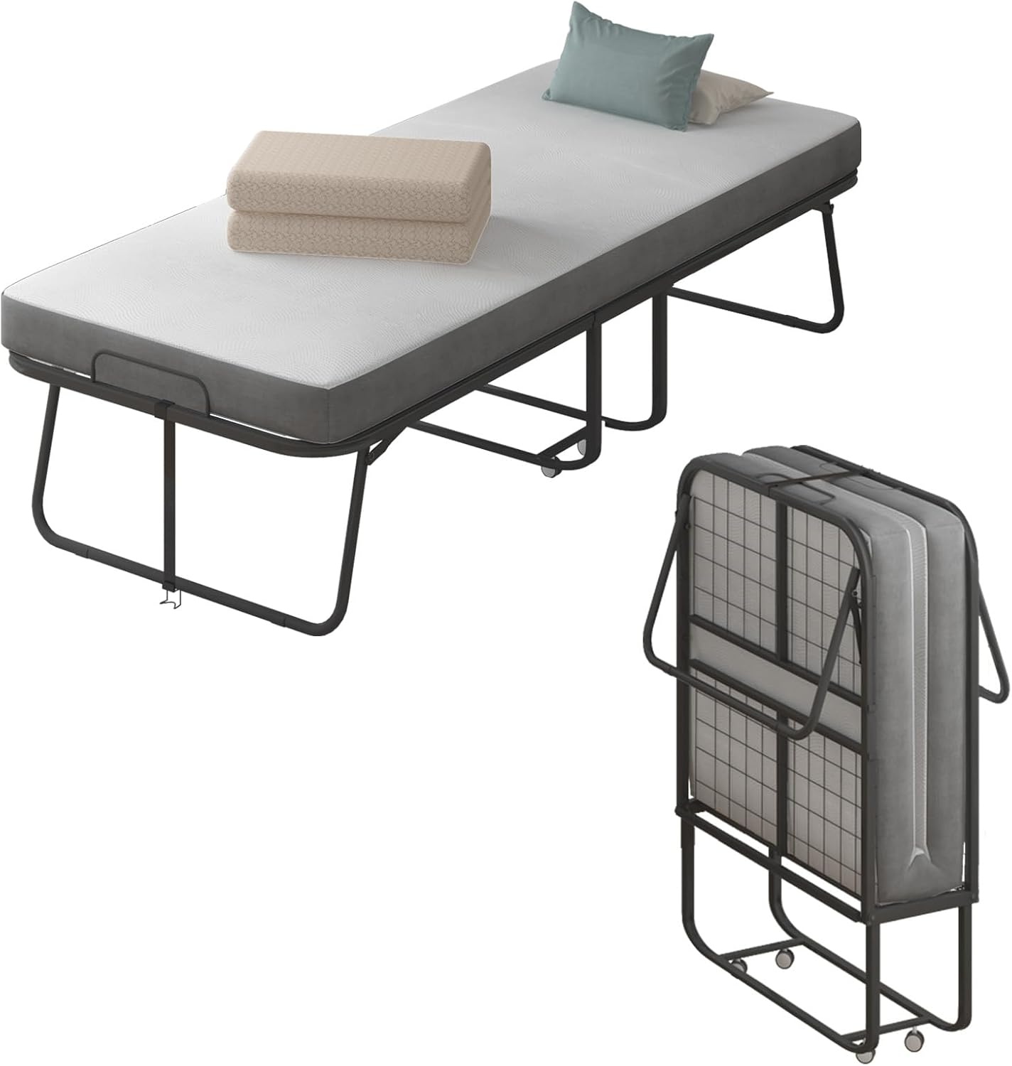 Cama plegable con colchón de 4 pulgadas incluido, cama temporal para invitados y familias, cama plegable que ahorra espacio con rodillos con