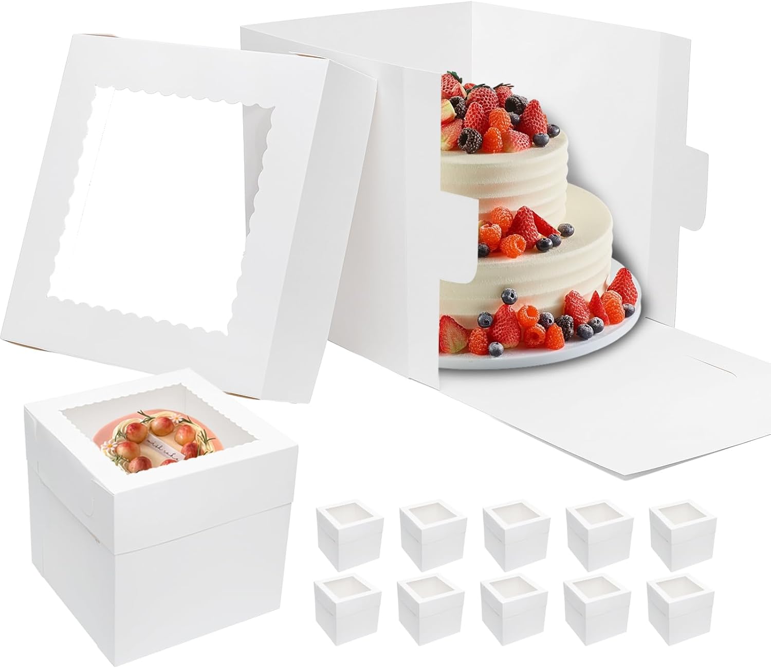 10 cajas para pasteles de 12 pulgadas, 12 x 12 x 12 pulgadas, cajas de pasteles de alto para tartas de nivel con ventana, recipientes desechables