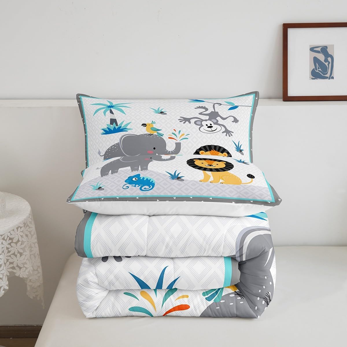Wild Animals Comforter Set,Lion and Monkey Bedding Set for Kids Girls Women,Adults Elephant Comforter,Geometric Stitching Quilted Duvet Set Bedroom