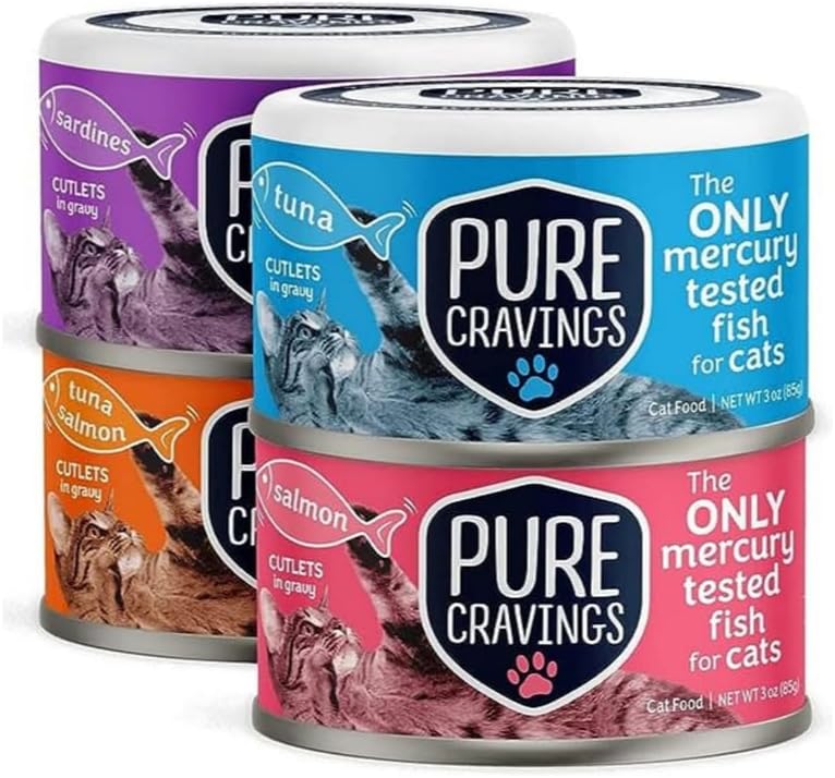Pure Cravings Paquete variado de alimentos húmedos para gatos, atún, salmón, sardinas, atúnsalmón en salsa, 100% probado con mercurio, lata húmeda