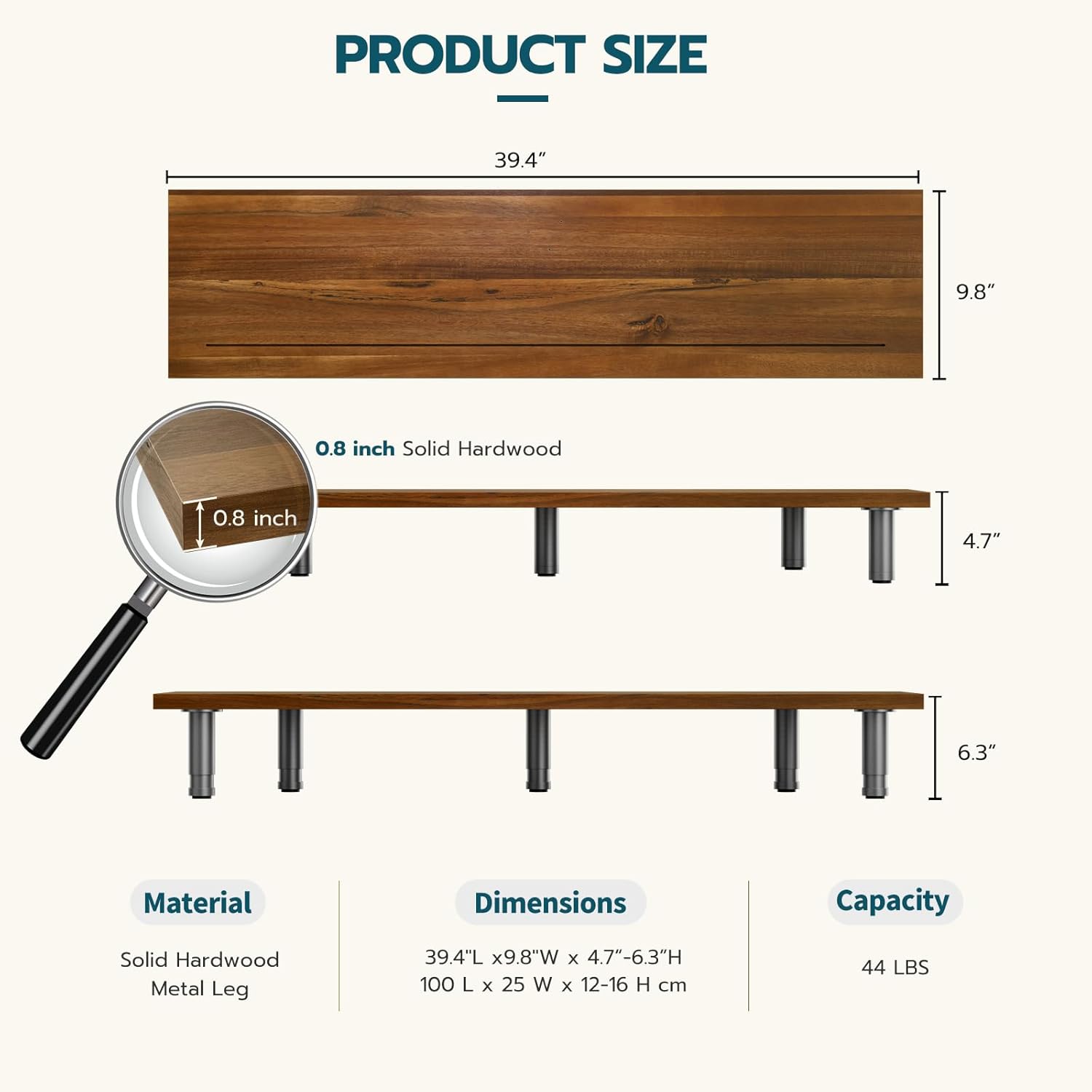 Frylr Elevador grande de doble monitor, madera dura hecha a mano de primera calidad, soporte de monitor de computadora de madera de altura ajustable