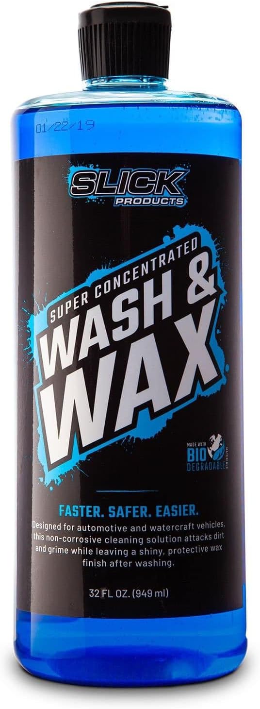 Slick Products Wash & Wax Solución de limpieza espumosa extra gruesa para motocicleta, camión, remolque, barco, jabón de lavado de autos, funciona