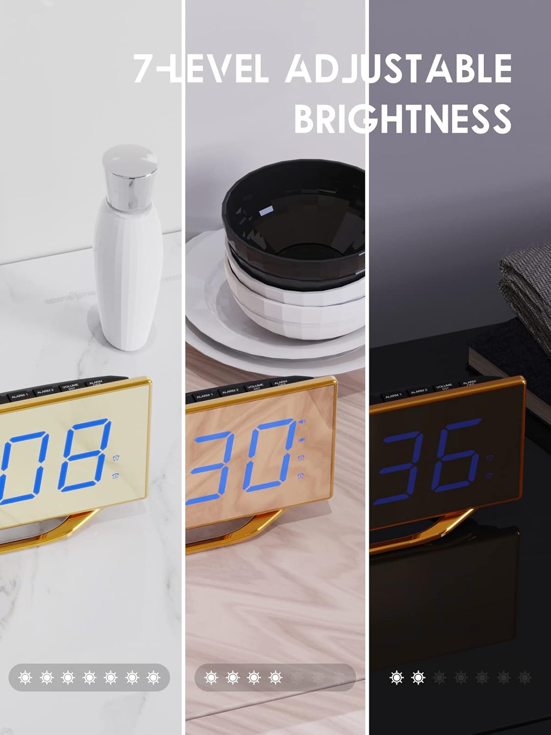 Reloj despertador digital con pantalla grande para adultos y adolescentes que duermen pesadamente, relojes de espejo dorado de 8.7 pulgadas para