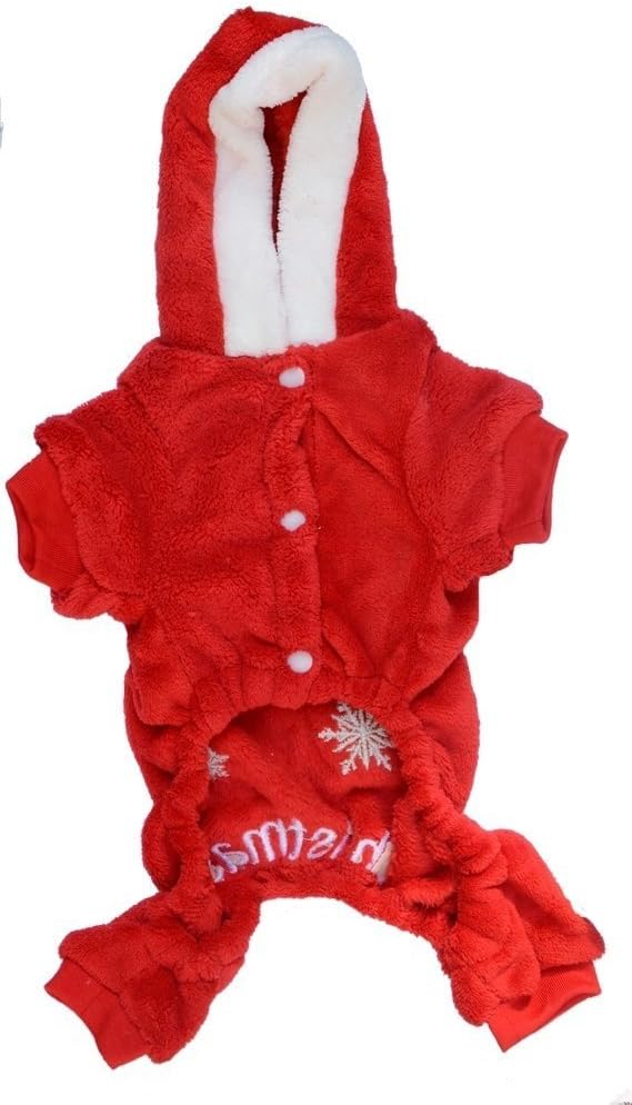 Pijama de forro polar rojo de Navidad con capucha para perros, talla S para 4-6 libras