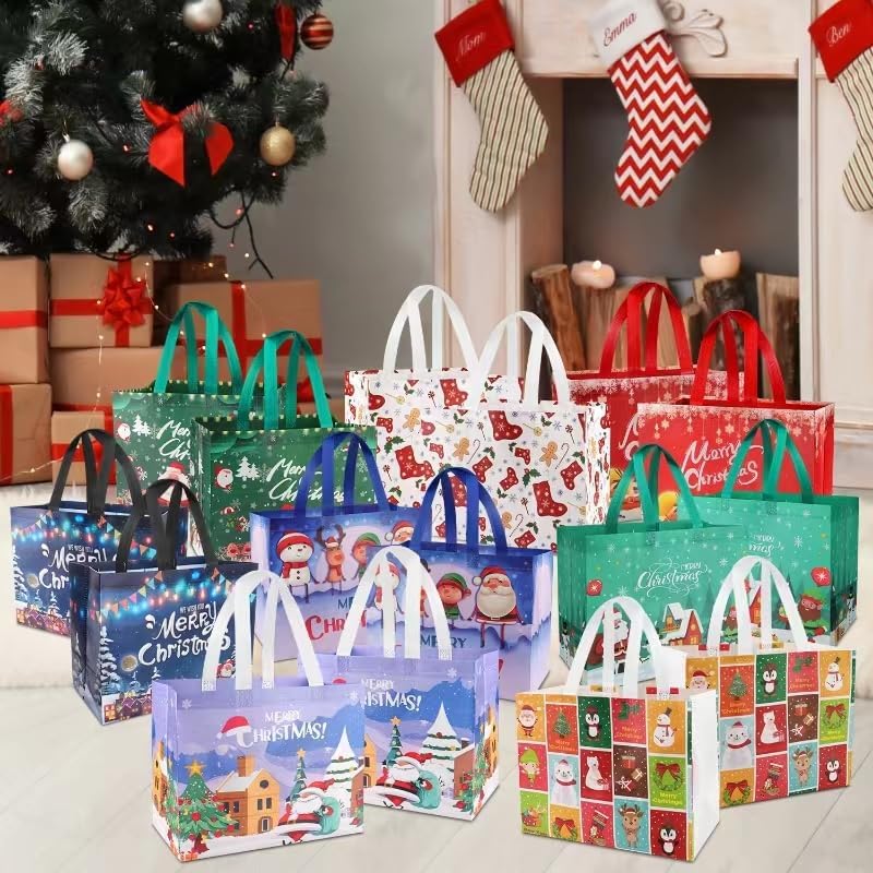 HTRYBNES Paquete de 16 bolsas de regalo de Navidad, grandes bolsas de Navidad reutilizables no tejidas con asas, suministros de fiesta de Navidad,
