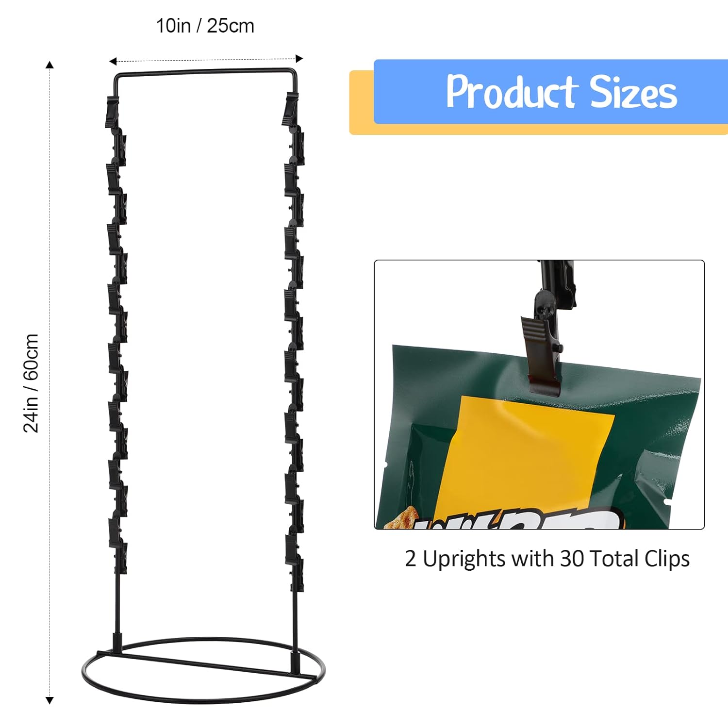 Estante para aperitivos con clip para encimera, estante para papas fritas, soporte para bolsas de chips de caramelo, soporte para bolsas de 2 hebras