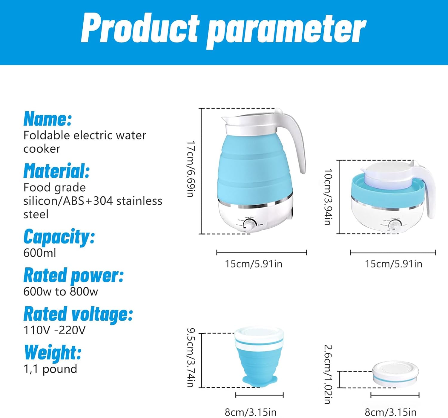 Hervidor eléctrico plegable con 2 tazas, hervidores eléctricos de silicona para agua hirviendo, hervidor portátil para viajes, hervidor de té
