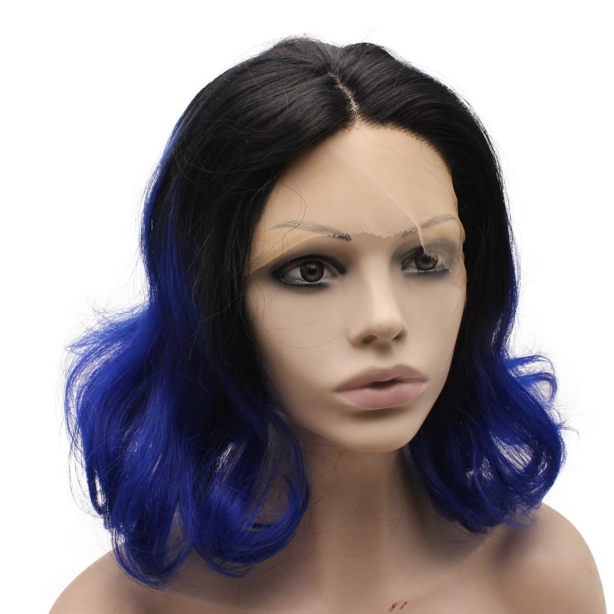 Mxangel – Peluca de cabello sintético corto rizado con raíces negras, encaje frontal, color azul joya ombré, pelo de fibra resistente al calor