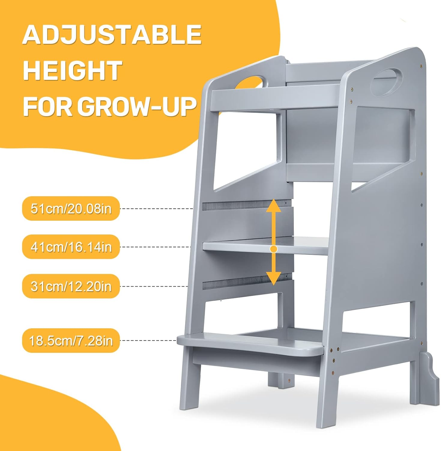 RONIPIC – Taburete de cocina para niños pequeños, torre de pie con riel de seguridad, taburete de cocina de madera para niños, torre ajustable de 3
