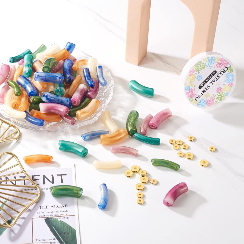 Mega Pet Kit de fabricación de pulseras de cuentas de tubo curvo, 120 cuentas acrílicas de tubo de bambú con 40 cuentas espaciadoras de disco de