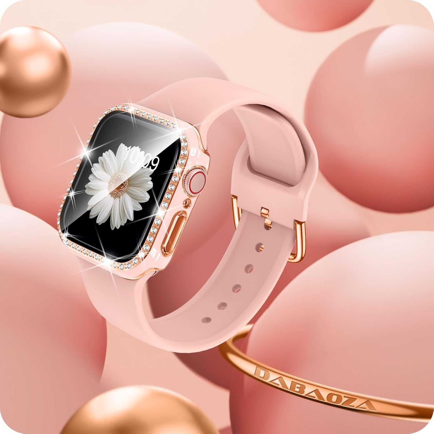 DABAOZA Correa de reloj compatible con Apple Watch con funda de parachoques con purpurina, correa de silicona suave y cómoda con hebilla para iWatch
