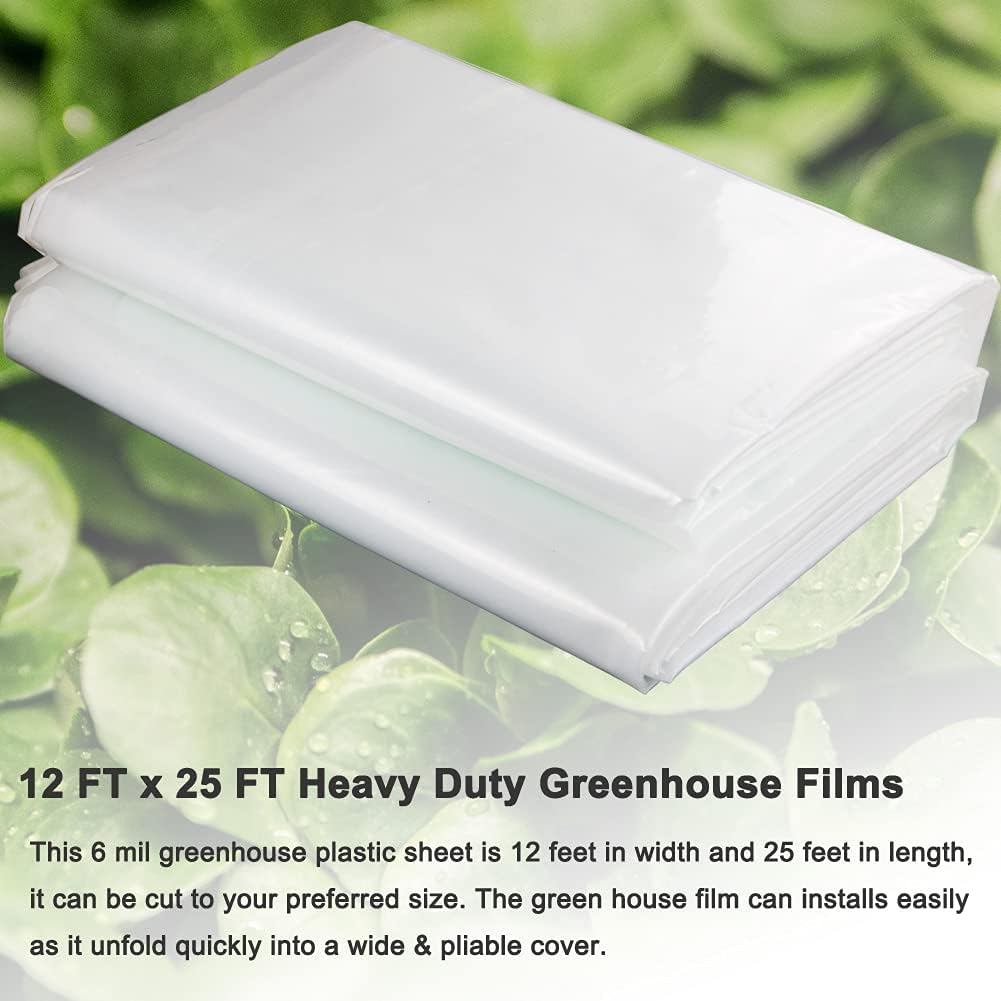 Yowlieu Lámina de plástico transparente para invernaderos de 12 x 25 pies, 6 mil, resistente a los rayos UV, cubierta de plástico para invernaderos,