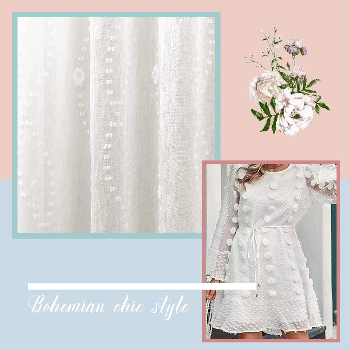 KOUFALL Juego de 2 paneles de 108 pulgadas de largo, con diseño de pompones, cortinas transparentes para ventana de sala de estar y dormitorio,