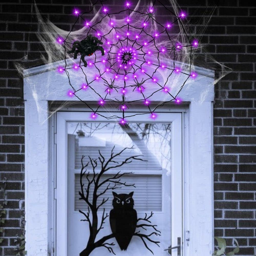 GVANCA Luces de telaraña de Halloween Decrations, 70 luces LED de telaraña para decoración de Halloween en interiores y exteriores, impermeables,