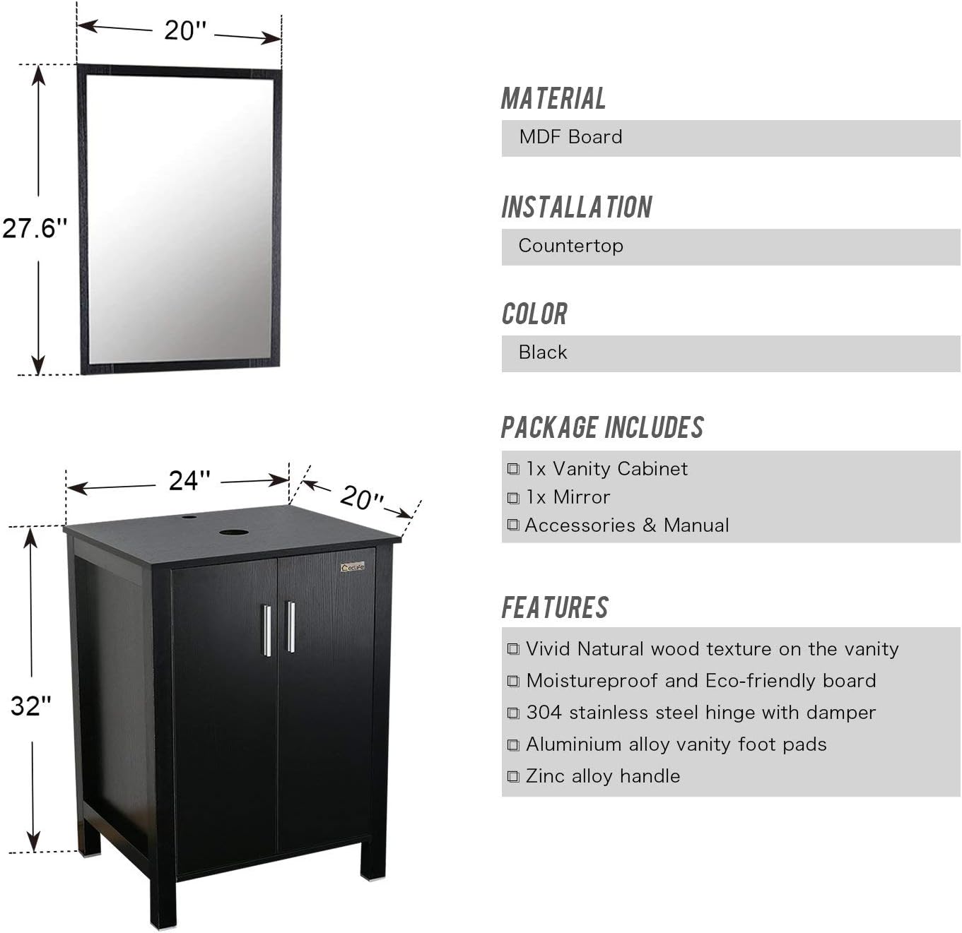 eclife Lavabo de tocador de baño de 24 pulgadas, moderno gabinete de MDF con espejo azul barco de vidrio templado, grifo de ahorro de agua ORB y