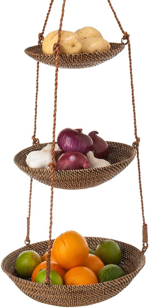 KOUBOO Cesta colgante de 3 niveles en Rattan-Nito, marrón