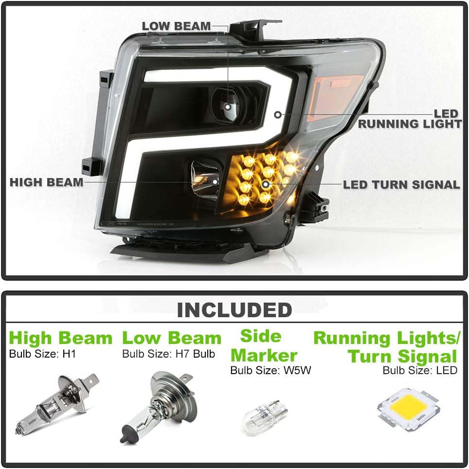 VIPMOTOZ Proyector halógeno de tubo de neón con tira LED para 2016-2023 compatible con Nissan TitanXD conductor y lado del pasajero, carcasa negra,