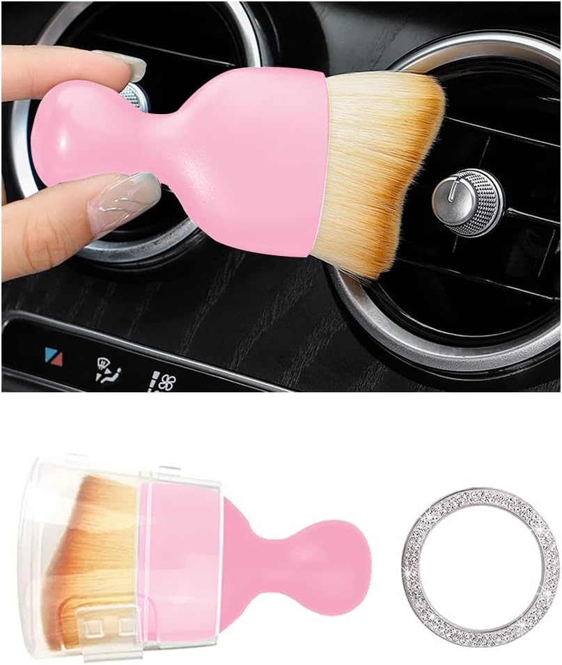Ziciner Cepillo para detalles del interior del automóvil, cepillo de polvo de cerdas suaves curvadas con anillo de botón de inicio, cepillo de