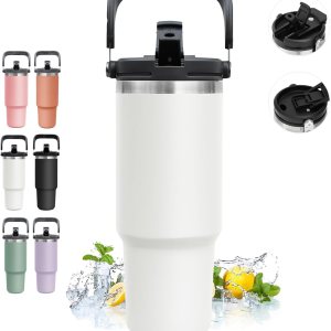 INDARUN Vaso de 30 oz con asa y popote, botella de agua de acero inoxidable con aislamiento de doble pared, taza para café, viaje frío hasta 24 horas INDARUN Vaso de 30 oz con asa y popote, botella de agua de acero inoxidable con aislamiento de doble pared, taza para café, viaje frío hasta 24 horas