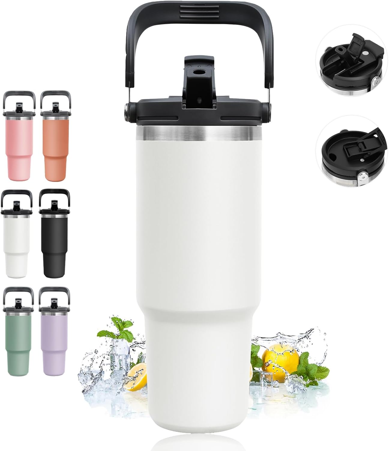 INDARUN Vaso de 30 oz con asa y popote, botella de agua de acero inoxidable con aislamiento de doble pared, taza para café, viaje frío hasta 24 horas