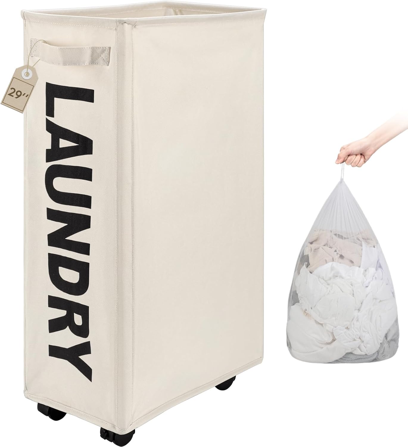 TOTANKI Cesta de lavandería grande y delgada de 29 pulgadas con ruedas con bolsa extraíble, cesta plegable para la ropa sucia con asa, clasificador