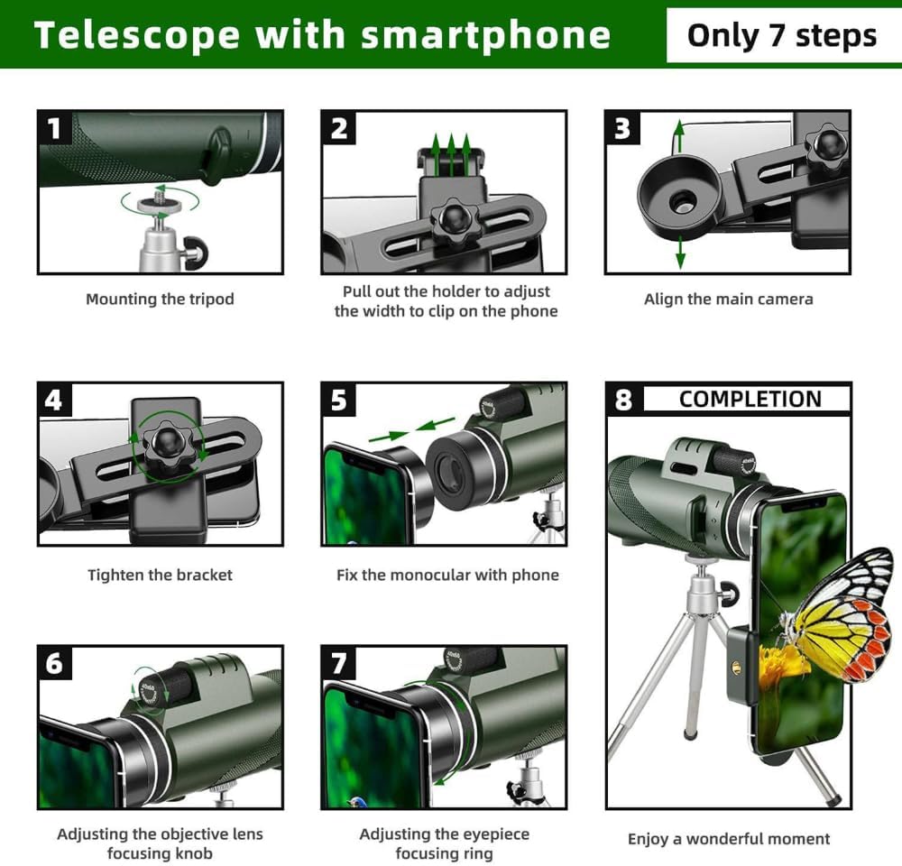 Telescopio monocular de 40 x 60 con soporte para teléfono inteligente y trípode, alcance monocular compacto HD para adultos, prisma monocular de
