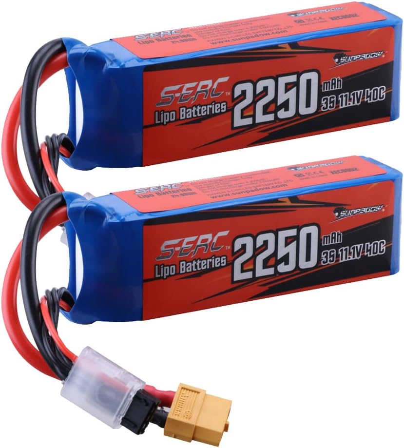 SUNPADOW Batería Lipo RC de 11.1V 3S 40C 2250mAh con conector XT60 recargable para avión RC Quadcopter, helicóptero, drone FPV Racing Hobby (2