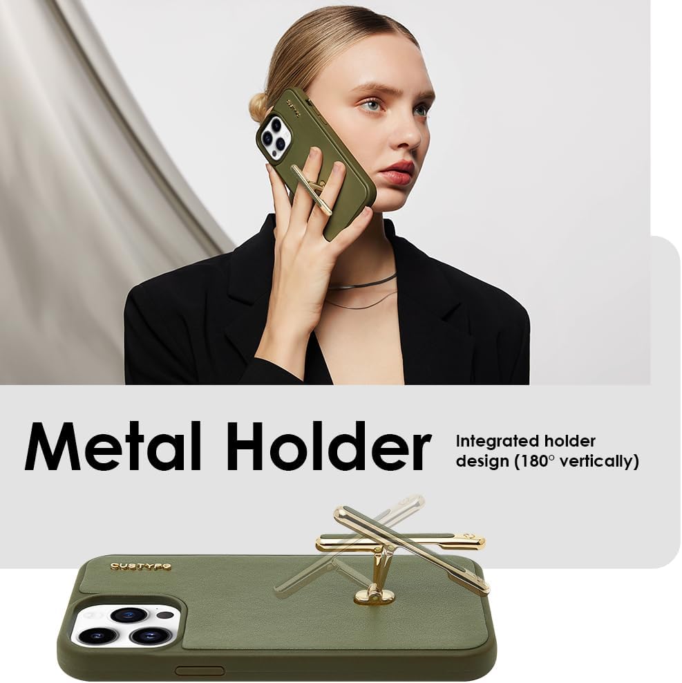 CUSTYPE – Funda protectora de cuero a prueba de golpes para iPhone 14 Pro Max, compatible con carga inalámbrica, soporte de 2 vías, soporte de