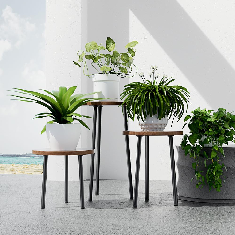 Paquete de 2 soportes para plantas, soporte alto de madera de metal para interiores, mesa auxiliar redonda pequeña junto al sofá, estantes de
