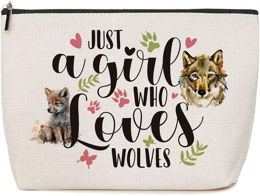 Regalos de lobo, bolsa de maquillaje con texto en inglés Just A Girl Who Loves Wolves (Just A Girl Who Loves Wolves), Beige
