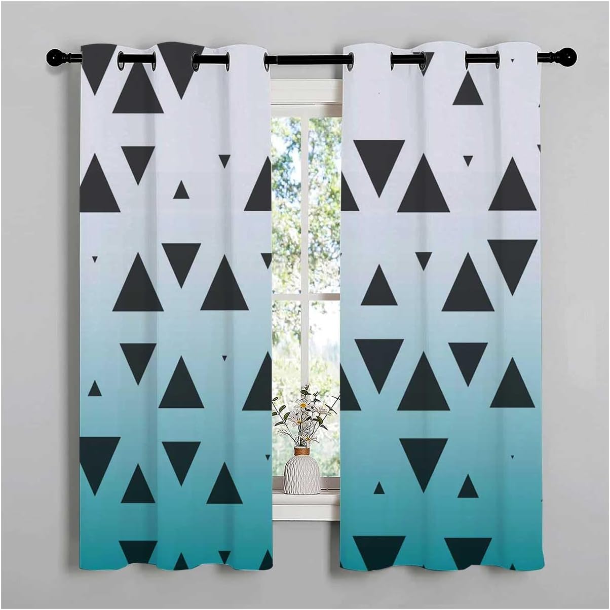 YANFENQI Cortina Blackout para Habitacion White Cyan Gradient Geometric Checked Divider Curtain Acoustic Fabric 55Inch Width by 45Inch Length,2